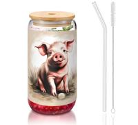 JIUTY Naughty Pig Baby 1 Verres à boire avec couvercles et paille en verre, 1 tasse en verre de 473,6 g, verres à bière, verres à café glacé