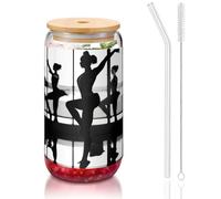 JIUTY New Love Gymnastique Impression Verres à boire avec couvercles et paille en verre, 1 tasse en verre de 473,6 g, verres à bière, verres à café glacé