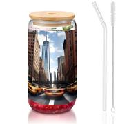 JIUTY New York Printing Verres à boire avec couvercles et paille en verre, 1 tasse en verre de 473,6 g, verres à bière, verres à café glacé