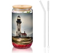 JIUTY Old Lighthouse-Standard-Scale-2_00x Verres à boire avec couvercles et paille en verre, 1 tasse en verre de 473,6 g, verres à bière, glace et café