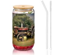 JIUTY Old Tractor Photoes Lunettes à boire avec couvercles et paille en verre, 1 tasse en verre de 473,6 g, verres à bière glacée café