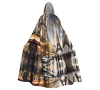 JIUTY Peinture à l'huile Paris Street Scène Tour Eiffel Impression Mascarade, Cape à capuche économique pour adulte, 145 cm de long, parfaite pour les fêtes d'Halloween, les danses