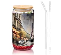 JIUTY Peinture à l'huile Paris Street Scène Tour Eiffel Impression Verres à boire avec couvercles et paille en verre, 1 tasse en verre de 473,6 g, verres à bière, verres à café glacé