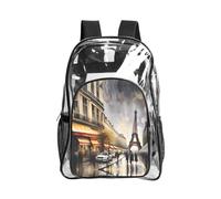 JIUTY Peinture à l'huile Paris Street Scène Tour Eiffel Imprimer Clear Security Backpack PVC School Bookbag Travel Front Pocket Side Mesh Modern Utility