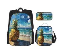 JIUTY Pineapple by The Sea Lot de 3 sacs à dos d'école 40,6 cm avec boîte à déjeuner pour école primaire préscolaire, Noir , Taille unique, Ensemble cartable