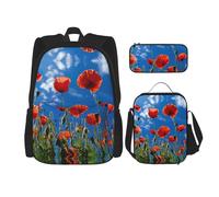 JIUTY Poppies On Blue Sky Lot de 3 sacs à dos d'école 40,6 cm avec boîte à déjeuner pour l'école primaire préscolaire, Noir , Taille unique, Ensemble cartable