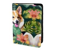 JIUTY Porte-passeport en cuir de vache avec impression de fleurs tropicales et corgi pour homme et femme, accessoires de couverture de documents de voyage, Noir , Taille unique