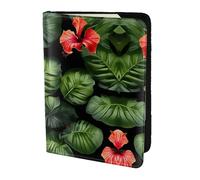 JIUTY Porte-passeport en cuir de vache avec impression de fleurs tropicales et feuillage pour homme et femme, accessoires de couverture de documents de voyage, Noir , Taille unique
