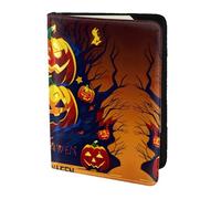 JIUTY Porte-passeport en cuir de vache avec imprimé citrouille d'Halloween pour homme et femme, accessoires de couverture de documents de voyage, Noir , Taille unique