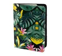 JIUTY Porte-passeport en cuir de vache avec imprimé feuilles tropicales avec fleurs pour homme et femme, accessoires de couverture de documents de voyage, Noir , Taille unique