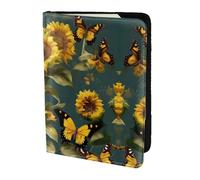 JIUTY Porte-passeport en cuir de vache avec imprimé tournesol et papillons pour homme et femme, accessoires de couverture de documents de voyage, Noir , Taille unique