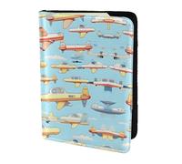 JIUTY Porte-passeport en cuir de vachette avec impression de petits avions de dessin animé pour homme et femme, accessoires de couverture de documents de voyage, Noir , Taille unique