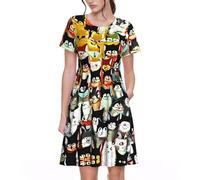 JIUTY Robe d'été décontractée à manches courtes pour femme, motif chat de dessin animé pour pique-nique, vacances, tailles S à 3XL, Noir , M