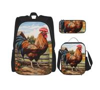 JIUTY Rooster On Wood in Farmland Lot de 3 sacs à dos d'école 40,6 cm avec boîte à déjeuner pour école primaire préscolaire, Noir , Taille unique, Ensemble cartable