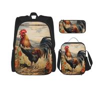 JIUTY Rooster On Wood in Farmland Lot de 3 sacs à dos d'école 40,6 cm avec boîte à déjeuner pour école primaire préscolaire, Noir , Taille unique, Ensemble cartable