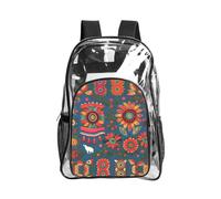 JIUTY Sac à dos de sécurité en PVC transparent avec poche avant et maille latérale Motif art populaire mexicain