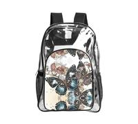 JIUTY Sac à dos de sécurité transparent en PVC avec imprimé papillon et fleurs - Poche avant latérale - Utilitaire moderne