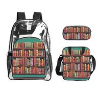 JIUTY Sac à dos imprimé bibliothèque 3 en 1 transparent pour l'école, le travail, les événements de stade et le transport quotidien