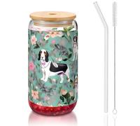 JIUTY Sweet Basset Hound Verres à boire avec couvercles et paille en verre, 1 tasse en verre de 473,6 g, verres à bière glacée ou café