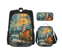 JIUTY The Seaside Lighthouse Lot de 3 sacs à dos d'école 40,6 cm avec boîte à déjeuner pour l'école primaire préscolaire, Noir , Taille unique, Ensemble cartable