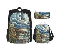 JIUTY The Seaside Lighthouse Lot de 3 sacs à dos d'école 40,6 cm avec boîte à déjeuner pour l'école primaire préscolaire, Noir , Taille unique, Ensemble cartable