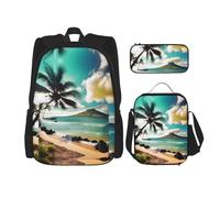 JIUTY Tropical Beach Palms Sac à dos 3 pièces 40,6 cm Sac à dos d'école avec boîte à déjeuner Grand sac à dos pour primaire préscolaire, Noir , Taille unique, Ensemble cartable