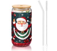 JIUTY Verres à boire avec couvercle et paille en verre avec inscription Merry Christmas Santa Claus - 473,6 g - Verres à bière ou café glacés