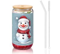 JIUTY Verres à boire avec couvercle et paille en verre avec motif bonhomme de neige et inscription Merry Christmas - 473,6 g
