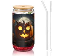 JIUTY Verres à boire avec couvercle et paille en verre Motif chouette citrouille Happy Halloween 473 ml