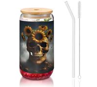 JIUTY Verres à boire avec couvercle et paille en verre Motif tête de mort d'Halloween tournesol 473,6 g