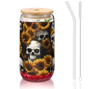JIUTY Verres à boire avec couvercle et paille en verre Motif tête de mort d'Halloween tournesol 473,6 g