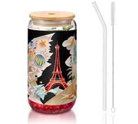 JIUTY Verres à boire avec couvercle et paille en verre Motif Tour Eiffel de Paris 473 ml