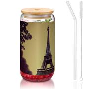 JIUTY Verres à boire avec couvercles et paille en verre Motif Tour Eiffel Paris 473 ml