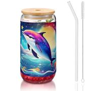 JIUTY Verres à boire colorés avec couvercles et paille en verre, motif ciel étoilé, océan, dauphin, 1 tasse en verre de 473,6 g, verres à bière, verres à café glacé