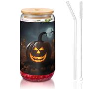 JIUTY Verres à boire d'Halloween avec couvercles et paille en verre, 1 tasse en verre de 473,6 g, verres à bière glacée et café