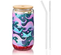 JIUTY Verres à boire sirène rose pastel avec couvercles et paille en verre, 1 tasse en verre de 473,6 g, verres à bière, glace ou café