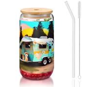 JIUTY You Make Me Happy Verres à boire avec couvercles et paille en verre, 1 tasse en verre de 473,6 g, verres à bière, glace et café