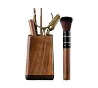 Jiuvaso 6 Pièces Service de Outils Kung Fu Accessoires de Thé en Noyer Support pour Utensiles à Thé Art Traditionnel Fait Main Adapté Bureau, Marron et Noir