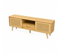 Jiuvaso Meuble TV en Bambou Enfilade Basse Console Média Credenza avec en Cannage et Tiroir Central Passage des Câbles et Étagère Conviennent au Salon Espace Cinéma Maison Ambiance Chaleureuse