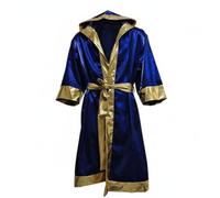 Jiuvaso Peignoir de Boxe Adulte Cape de Capuche Tenue d'Entrée Cordon Taille Design Ouvert Manches Larges Aspect Lisse Éclatant Bordures Dorées Finition, XXL, Bleu Et Or