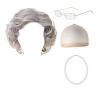 Jiuvaso perruques grand-mère d'Halloween avec lunettes, perruque cheveux courts et bouclés pour jeu rôle, Gris Foncé