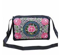 Jiuvaso Pochette Bandoulière en Tissu Canvas Sac à Épaule Sac Porté Travers Bourse Zippée Brodée Style Ethnique Légère avec Trois Poches Zippées et Confort, Petit+Pivoine+Rouge