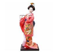 Jiuvaso Poupée Japonaise Traditionnelle Figurine Décorative Statue Artisanale avec Posture Debout et Support Adaptée à Cadeau, Poupée Geisha Japonaise Kimono Rouge avec Flûte 16-13