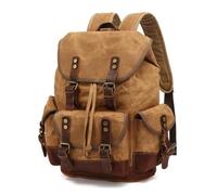 Jiuvaso Sac à Dos Étanche Sac à à Dos Randonnée Sac à Dos Ordinateur Sacs Toile avec Rabat Sécurisé Cordon Sangles à Boucles Poches Multiples, Array, Kaki Ciré Avec Cuir Marron Foncé