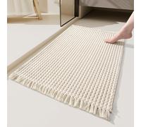 JIXINHEKEJI Tapis De Salle De Bain, Tapis De Bain Gaufré Ultra Doux, Lavable en Machine avec Pompons, Tapis D'entrée à Profil Bas Tissé à La Main(Size:16" X 24",Color:Beige)