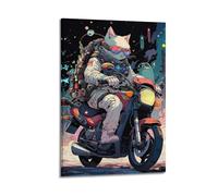 JIYAYCU Impression sur toile représentant un chat à chevaucher une moto à travers une nuit de science-fiction 50 x 75 cm