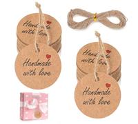 JIYIN Lot de 100 étiquettes cadeaux « Made with Love » en papier kraft - 5 cm - Rondes - Avec cordon - Étiquettes suspendues décoratives pour marché aux puces - Cadeau de mariage et de Saint-Valentin