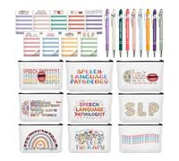 Jiytivity Lot de 27 cadeaux d'orthophonie comprenant 9 notes adhésives SLP, 9 stylos à bille d'appréciation, 9 trousses de maquillage SLP pour femme, orthophoniste, collègues, fournitures de bureau