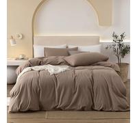 JIYUAN Parure de lit 100% Coton lavé, Confortable, Style Simple, Douce, Respirante, texturée, Durable, Sensation Lin, pour Toutes Les Saisons, Grand lit, Marron uni
