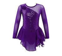 JIZYO Fille Robe Patinage Artistique Manches Longues Paillette Robe Roller Body Justaucorps Gymnastique Vêtements de Danse Violet 13-14 Ans